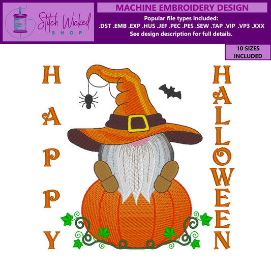 Happy Halloween Gnome Embroidery Design, Gnome Machine Embroidery Design, 10 Sizes Included, Digital Download