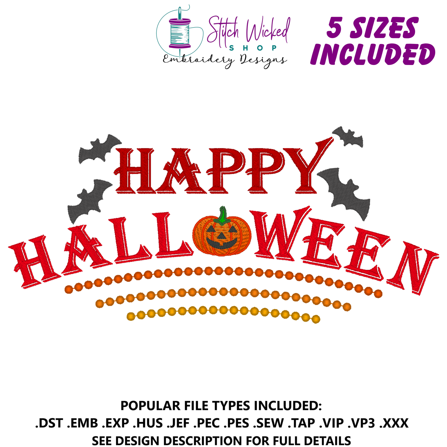 Happy Halloween Embroidery Design, Spooky Season Embroidery Design, 5 Sizes Included