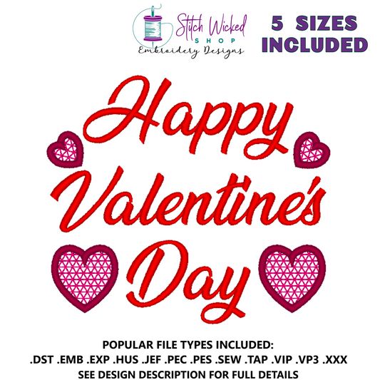 Happy Valentine's Day WIth Hearts Machine Embroidery Design
