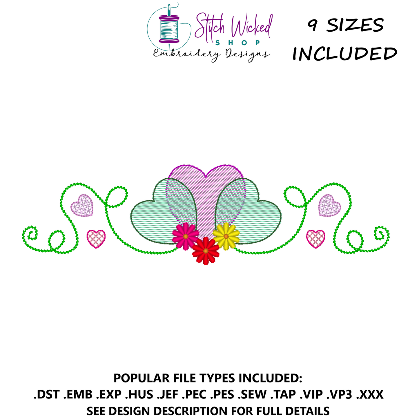 Sketch Hearts Flower Scrollwork Embroidery Design