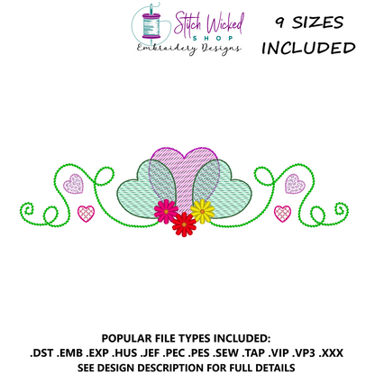 Sketch Hearts Flower Scrollwork Embroidery Design