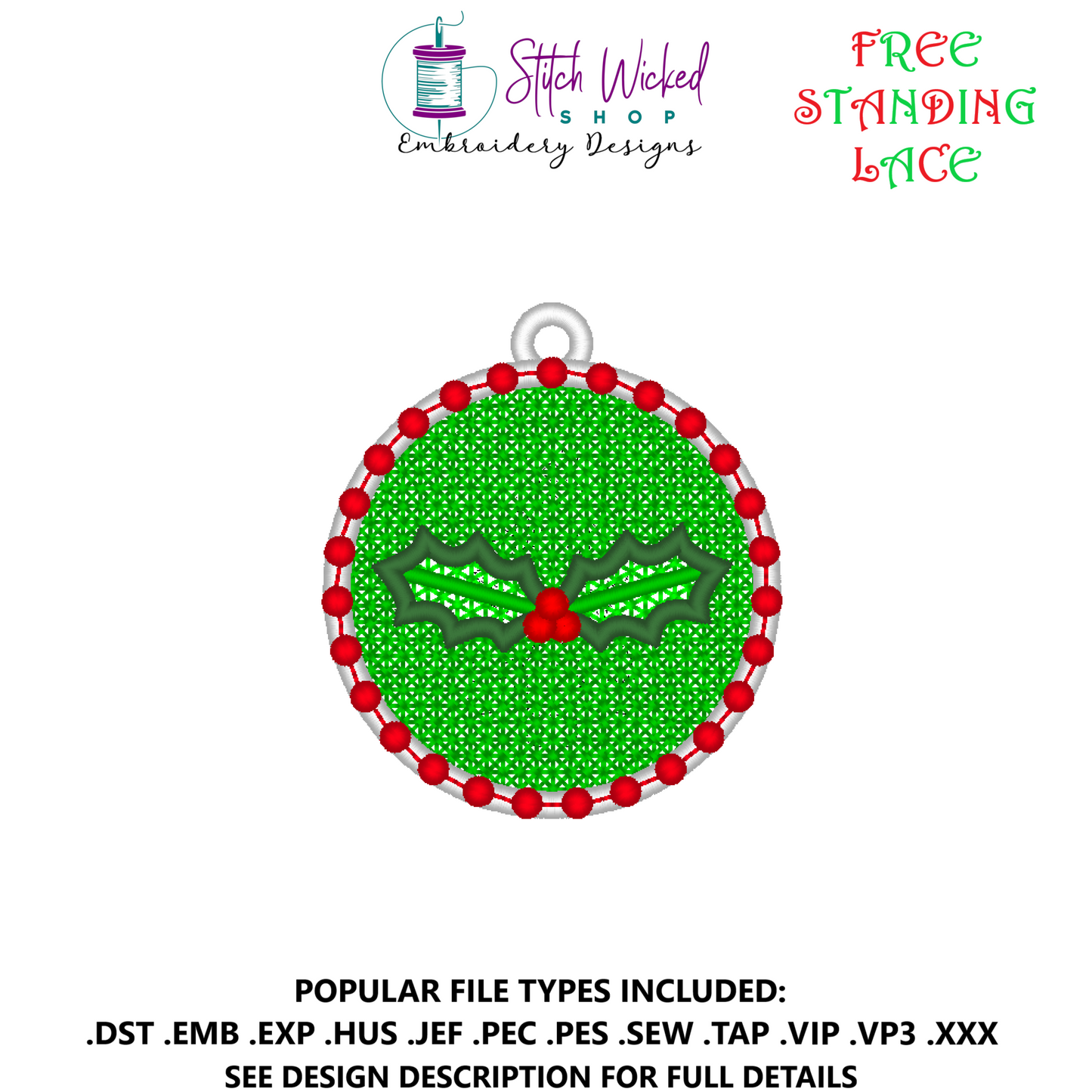 Free Standing Lace Circle Ornament Machine Embroidery Design, Holly Berry