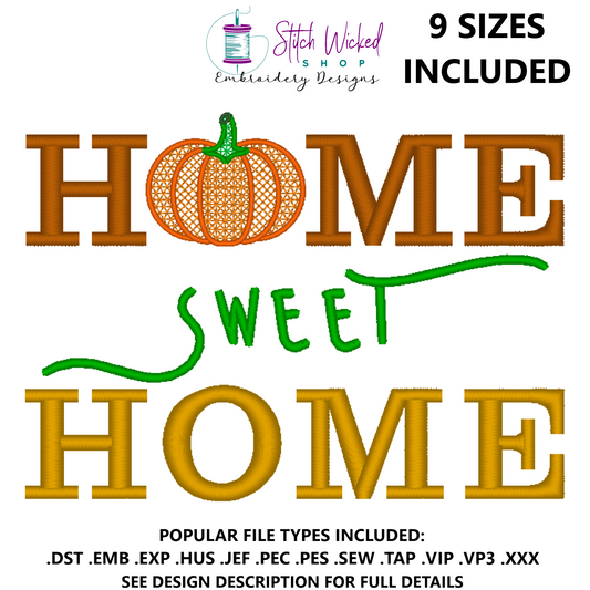 Home Sweet Home Fall Pattern Pumpkin Sketch Machine Embroidery Design