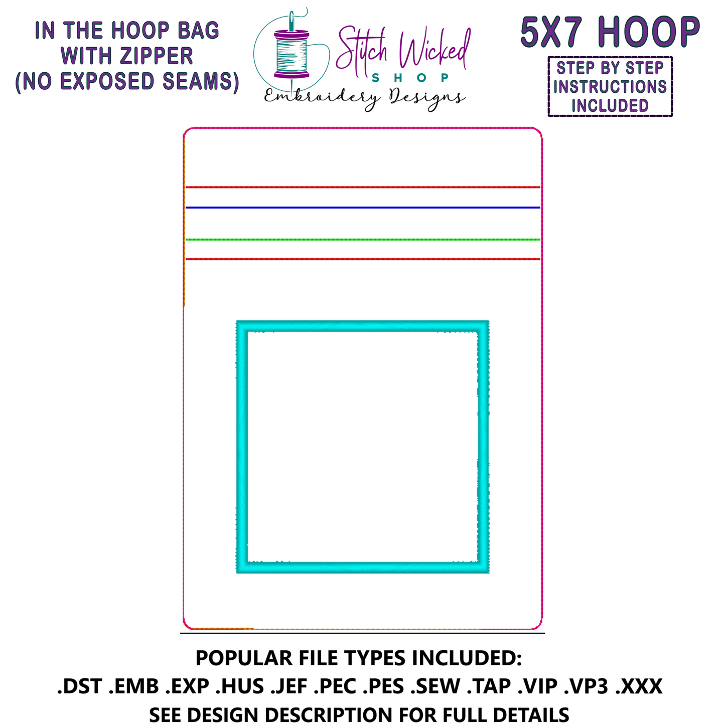 In the Hoop Bag Embroidery Design, Applique Square 5X7 Fully Lined ITH Zipper Bag (No Exposed Seams)