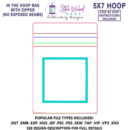 In the Hoop Bag Embroidery Design, Applique Square 5X7 Fully Lined ITH Zipper Bag (No Exposed Seams)