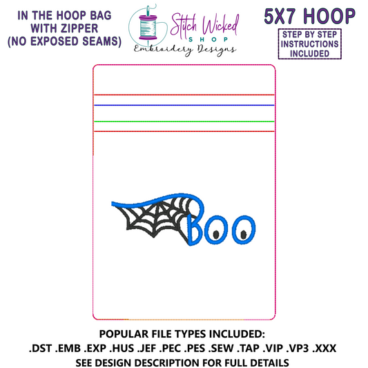 In the Hoop Bag Embroidery Design, Boo Web Halloween 5 X 7 Fully Lined ITH Zipper Bag (No Exposed Seams)