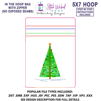 In the Hoop Bag Embroidery Design, Christmas Tree 5X7 Fully Lined ITH Zipper Bag (No Exposed Seams)