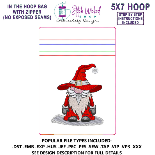 In the Hoop Bag Embroidery Design, Christmas Gnome 5X7 Fully Lined ITH Zipper Bag (No Exposed Seams)