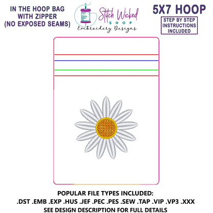 In the Hoop Bag Embroidery Design, Daisy 5 X 7 Fully Lined ITH Zipper Bag (No Exposed Seams)