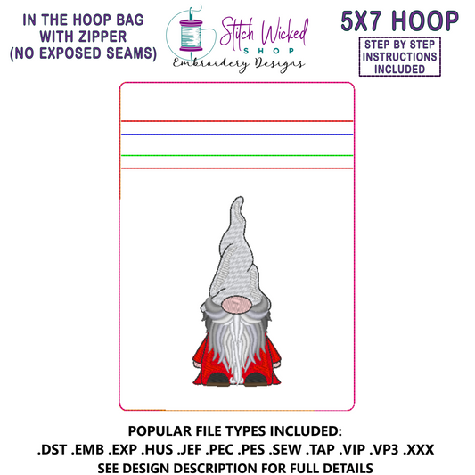 In the Hoop Bag Embroidery Design, Gnome 5X7 Fully Lined ITH Zipper Bag (No Exposed Seams)