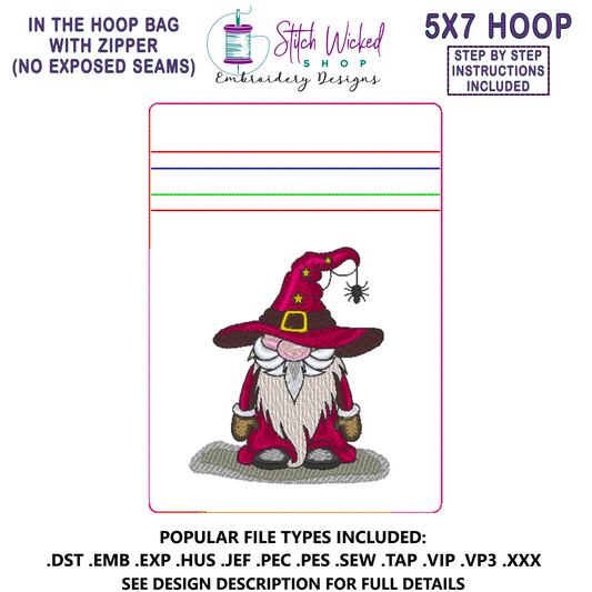 In the Hoop Bag Embroidery Design, Halloween Gnome 5X7 Fully Lined ITH Zipper Bag (No Exposed Seams)