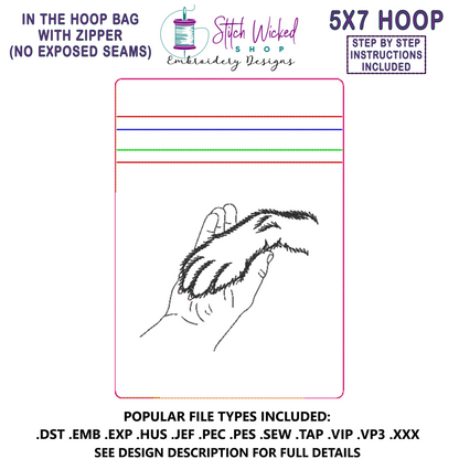 In the Hoop Bag Embroidery Design, Dog Paw With Hand 5X7 Fully Lined ITH Zipper Bag (No Exposed Seams)