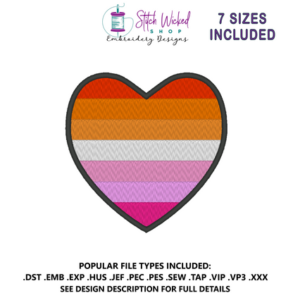 Lesbian Pride Flag Heart Embroidery Design, Heart Pride Flag Patch, 7 Sizes Included