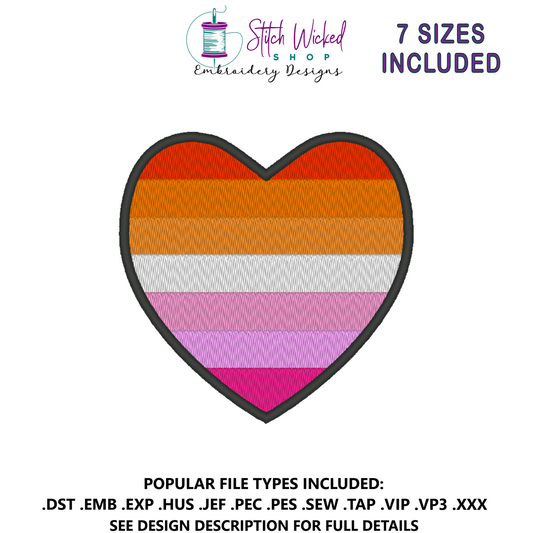 Lesbian Pride Flag Heart Embroidery Design, Heart Pride Flag Patch, 7 Sizes Included