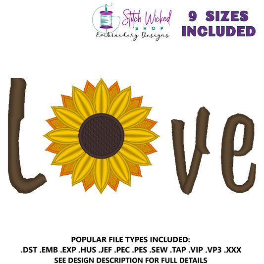 Love Text With Sunflower Machine Embroidery File, Lower Case Letters
