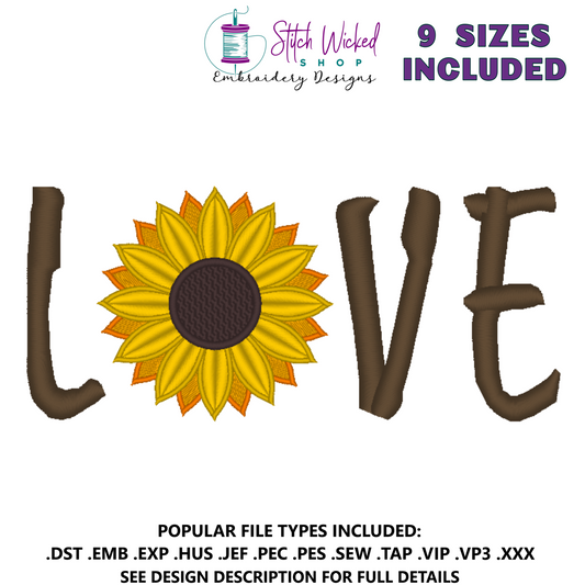 Love With Sunflower Machine Embroidery File, Uppercase Letters