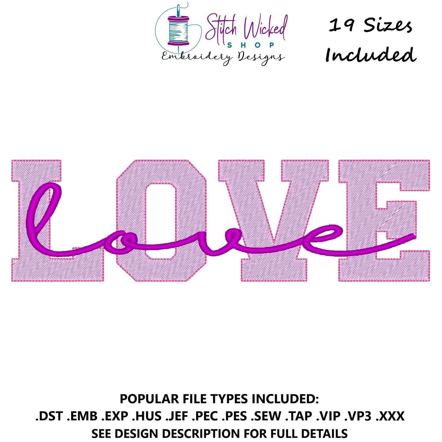 Love Varsity Script, Love Embroidery Design, Love Machine Embroidery Design, Valentines Sweatshirt Embroidery, Love Script Design, 19 Sizes