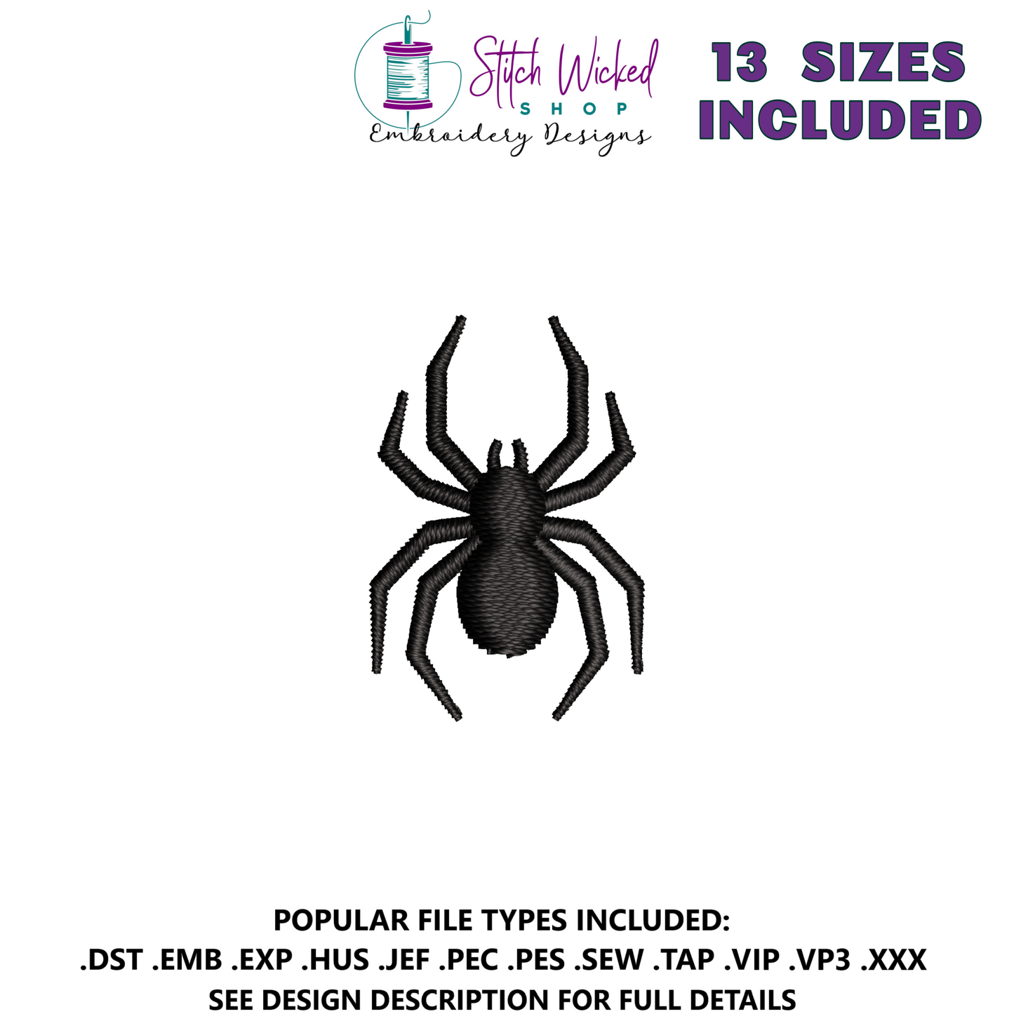 Mini Satin Stitch Spider Embroidery Design, 13 Sizes Included