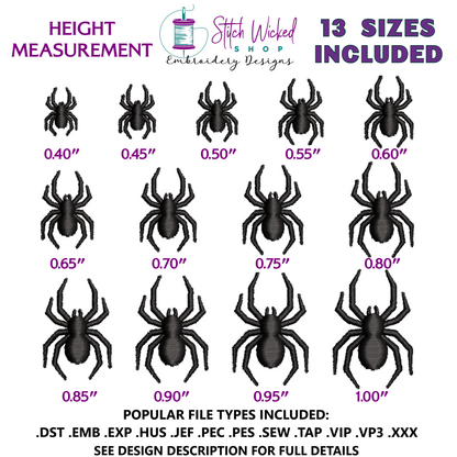 Mini Satin Stitch Spider Embroidery Design, 13 Sizes Included