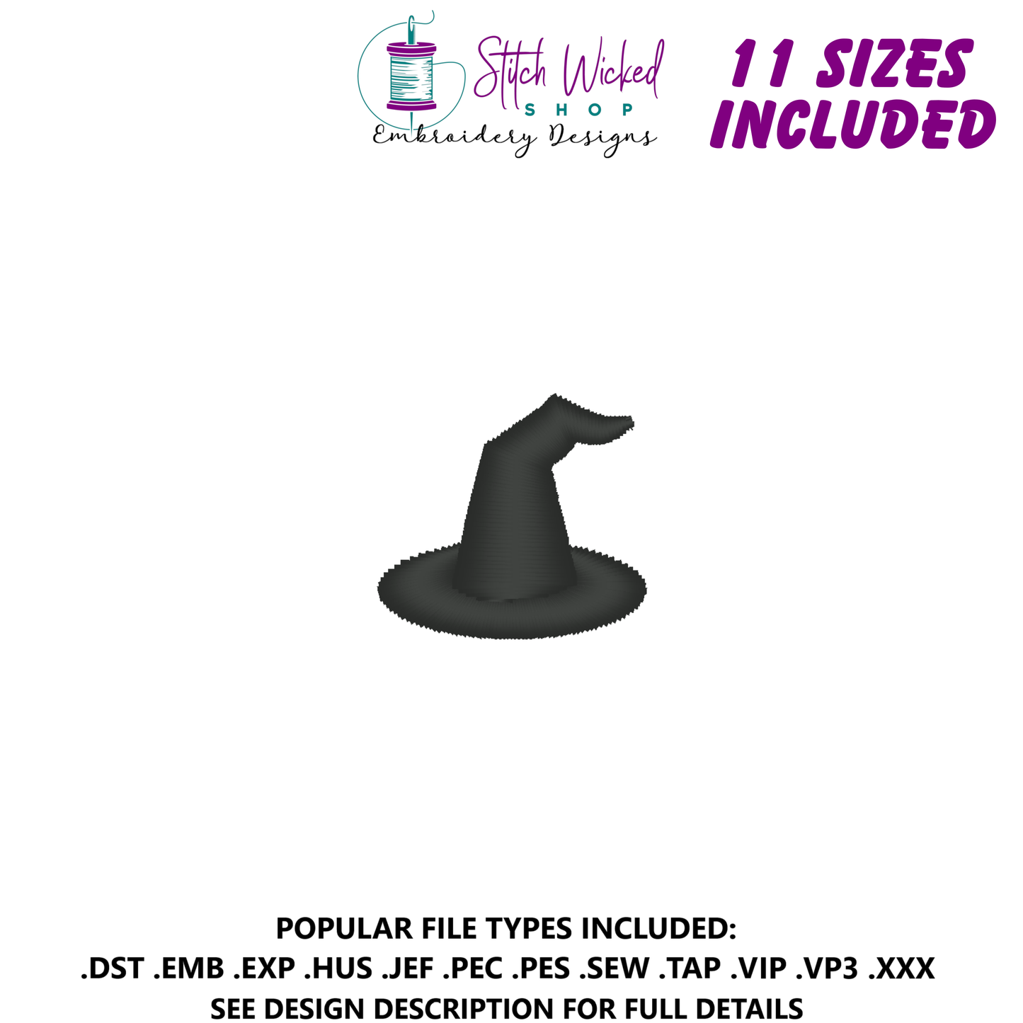 Mini Witch Hat Satin Stitch Machine Embroidery Design, 11 Sizes Included