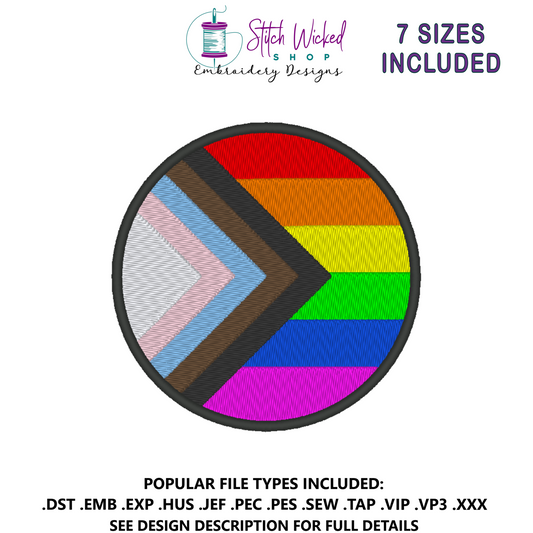 Progress Circle Pride Flag Embroidery Design, Circle Modern Pride Flag Patch, 7 Sizes Included