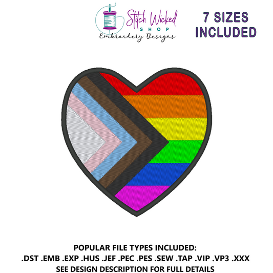 Progress Pride Flag Heart Embroidery Design (Horizontal), Heart Modern Pride Flag Patch, 7 Sizes Included