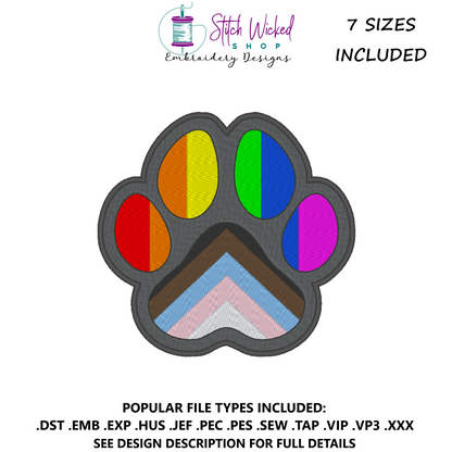 Progress Pride Flag Puppy Dog Paw Print Machine Embroidery Design, Vertical Pride Flag