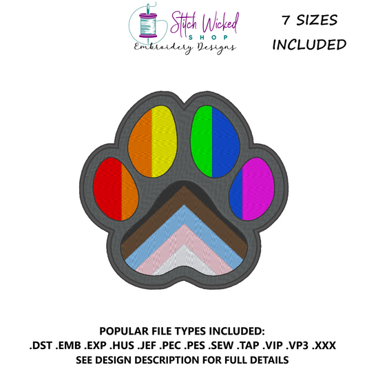 Progress Pride Flag Puppy Dog Paw Print Machine Embroidery Design, Vertical Pride Flag