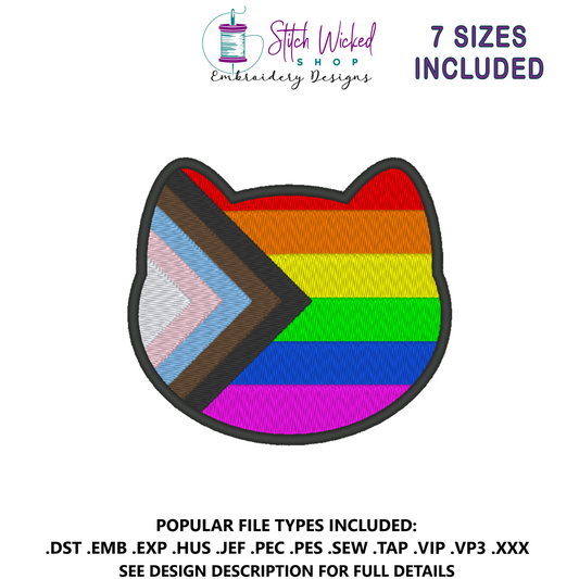 Progress Purride Flag Embroidery Design, Cat Modern Pride Flag Patch, 7 Sizes Included