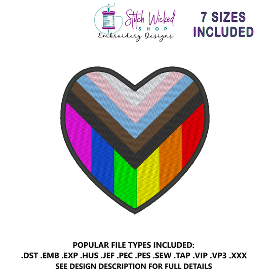Progress Pride Flag Heart Embroidery Design (Vertical), Heart Modern Pride Flag Patch, 7 Sizes Included