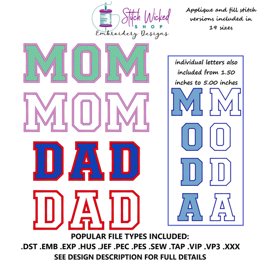 Mom And Dad Applique Machine Embroidery Design