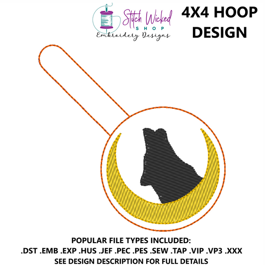 Machine Embroidery Key Fob Design, Wolf Moon Silhouette Sketch Fill