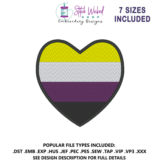 Nonbinary Pride Flag Heart Embroidery Design, Heart Pride Flag Patch, 7 Sizes Included
