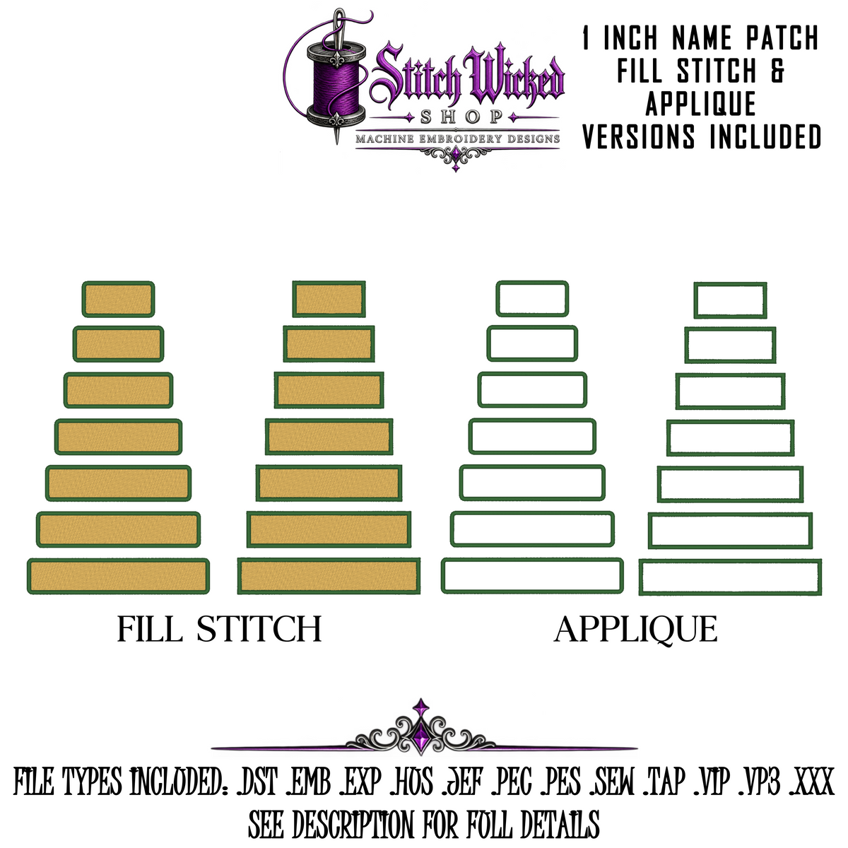 1 Inch Name Tag Embroidery Design Bundle, 7 Sizes