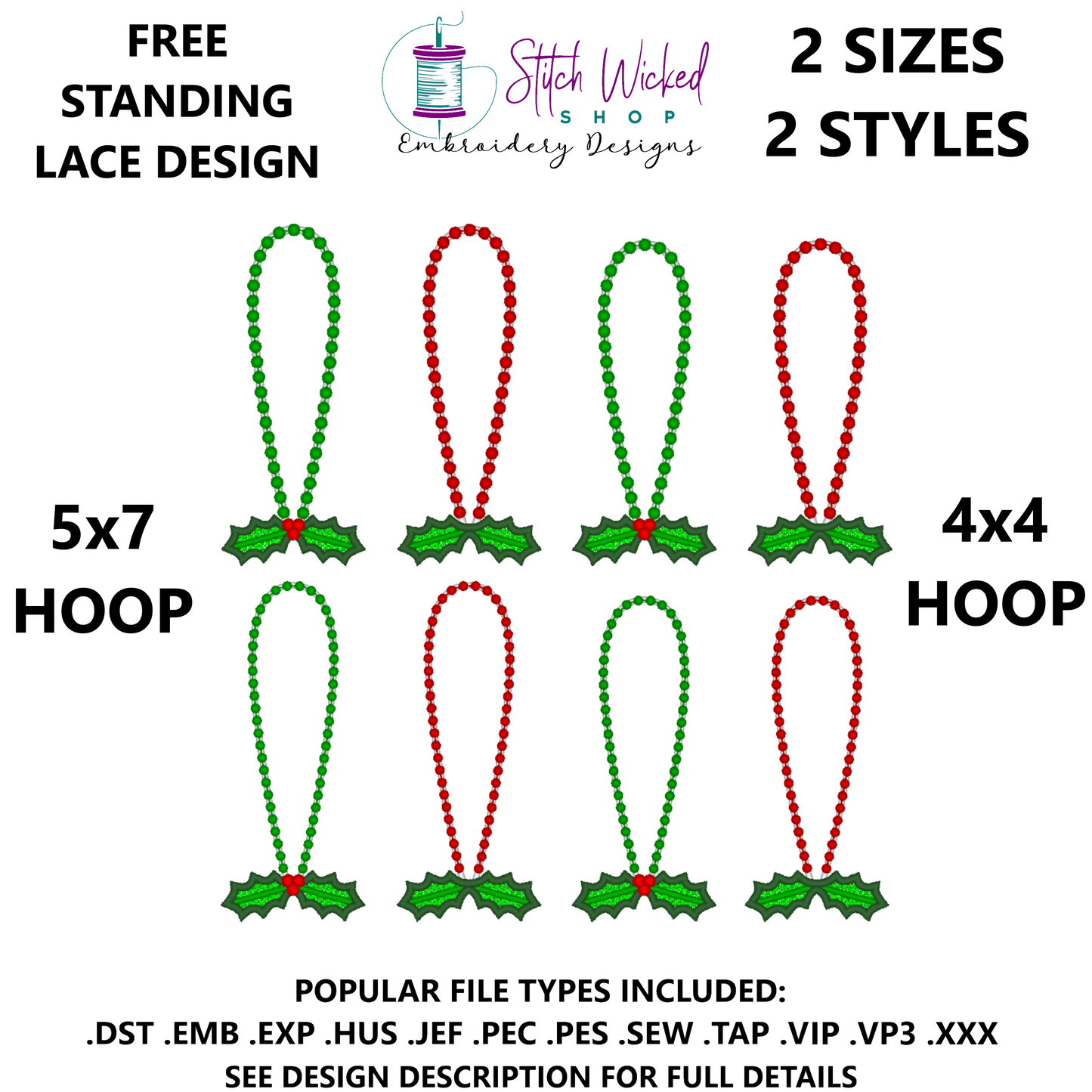 Christmas Ornament Hanger Free Standing Lace Embroidery Design, Holly Berries FSL