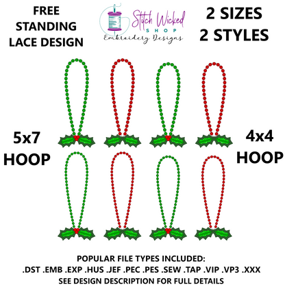 Christmas Ornament Hanger Free Standing Lace Embroidery Design, Holly Berries FSL