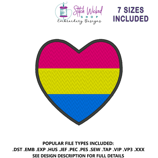 Pansexual Pride Flag Heart Embroidery Design, Heart Pride Flag Patch, 7 Sizes Included