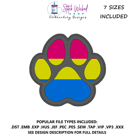 Pansexual Pride Flag Puppy Dog Paw Print Machine Embroidery Design