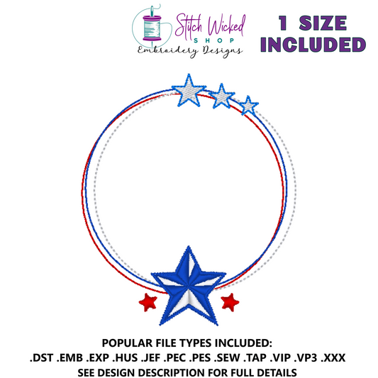 Patriotic Star Monogram Frame Circle Machine Embroidery Design