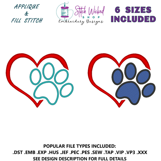 Puppy Dog Paw Print Heart Machine Embroidery Design - Stitch Wicked Shop