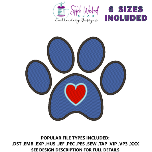Paw Print With Heart Machine Embroidery Design - Stitch Wicked Shop