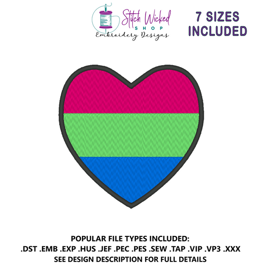 Polysexual Pride Flag Heart Embroidery Design, Heart Pride Flag Patch, 7 Sizes Included