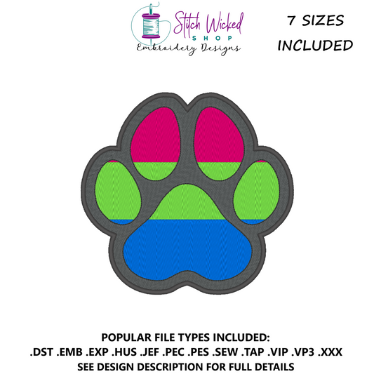Polysexual Pride Flag Puppy Dog Paw Print Machine Embroidery Design