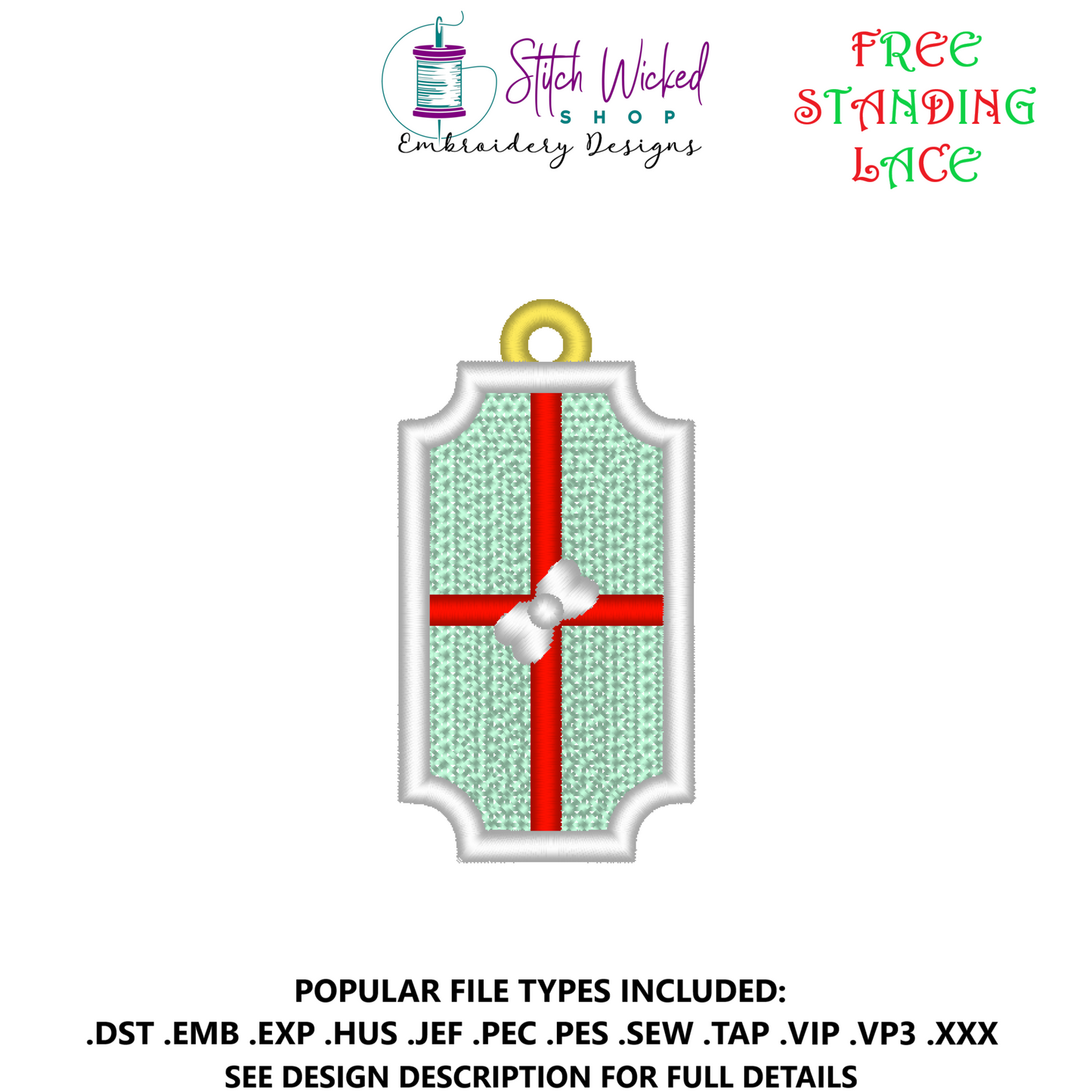 Free Standing Lace Present Christmas Gift Tag Ornament Machine Embroidery Design
