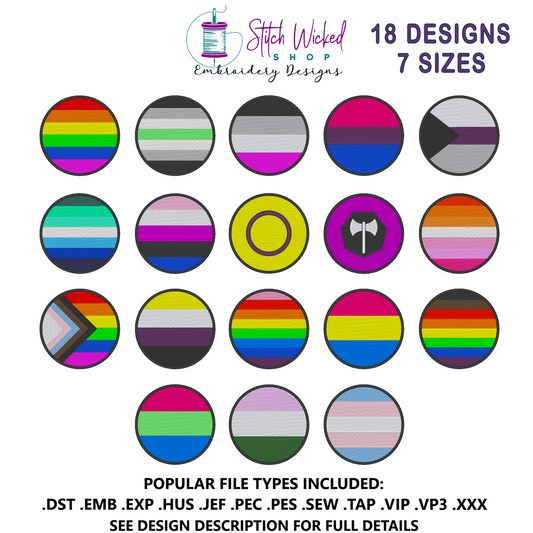 Circle Pride Flags Embroidery Design Bundle, Patch Embroidery Design Bundle, 18 Designs With 7 Sizes