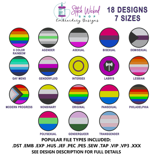 Circle Pride Flags Embroidery Design Bundle, Patch Embroidery Design Bundle, 18 Designs With 7 Sizes