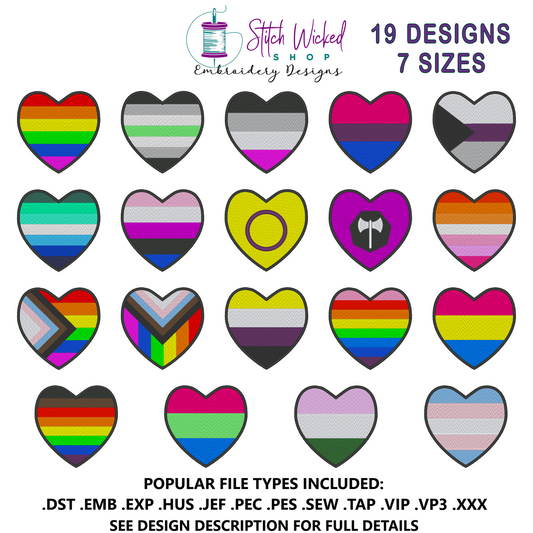 Heart Pride Flags Embroidery Design Bundle, Patch Embroidery Design Bundle, 19 designs With 7 Sizes
