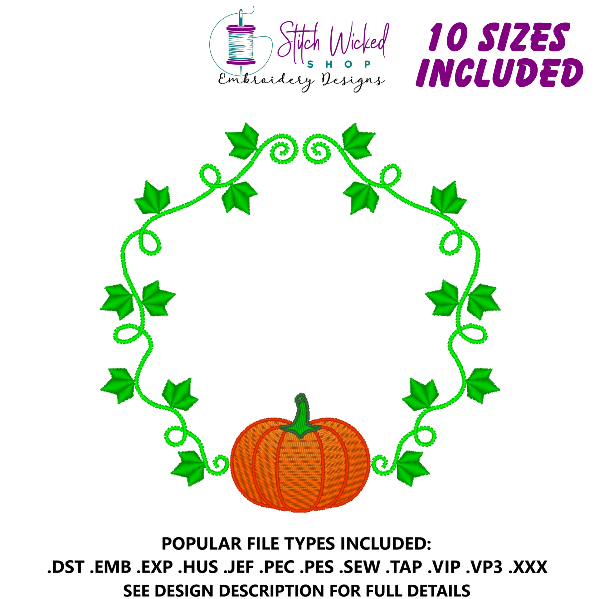Pumpkin Vine Monogram Frame Machine Embroidery – Stitch Wicked Shop, image size:1920x1920