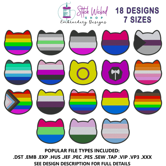Purride Cat Flags Embroidery Design Bundle, Pride Flag Patch Embroidery Design Bundle, 18 Designs With 7 Sizes