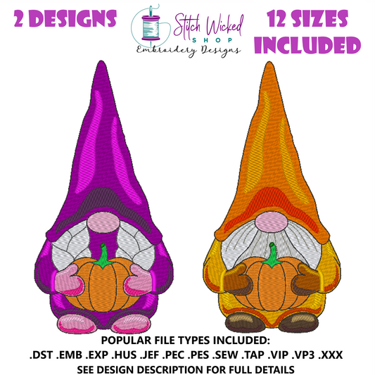 Boy Gnome and Girl Gnome With Pumpkin Machine Embroidery Design, 2 Separate Designs